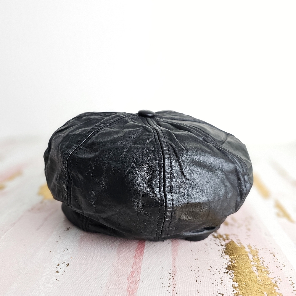 Black Leather Newsboy Cap - Picture 10 of 17